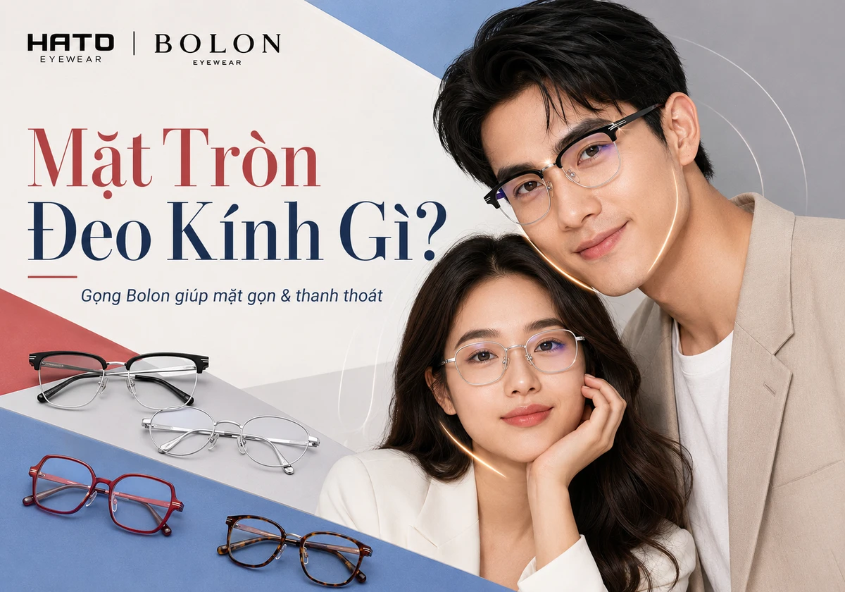 Ảnh đại diện blog về cách chọn gọng kính Bolon cho mặt tròn, với người mẫu nam và nữ đeo kính dáng chữ nhật bo góc, giúp gương mặt trông thon gọn, thanh thoát và hài hòa hơn.