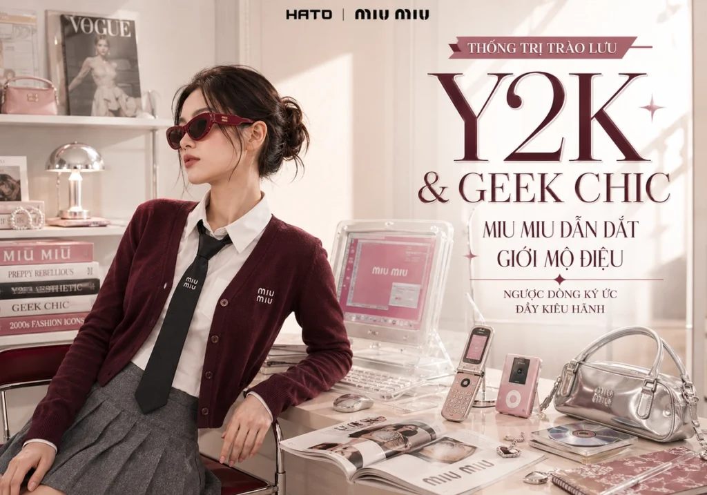 Người mẫu đeo kính mắt mèo Miu Miu phối cardigan burgundy, sơ mi trắng và cà vạt đen trong không gian Y2K Geek Chic sang trọng.