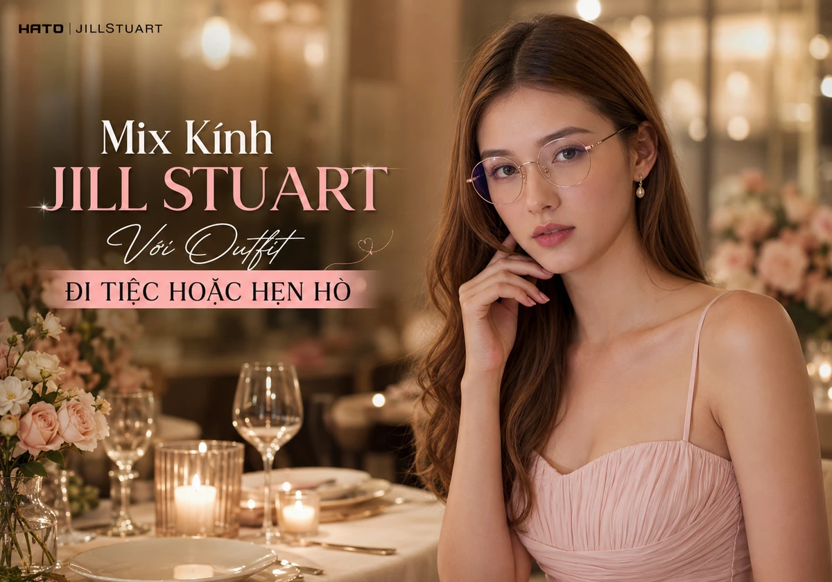 Người mẫu nữ đeo gọng kính Jill Stuart titanium mảnh phối váy hồng pastel trong không gian nhà hàng boutique sang trọng.