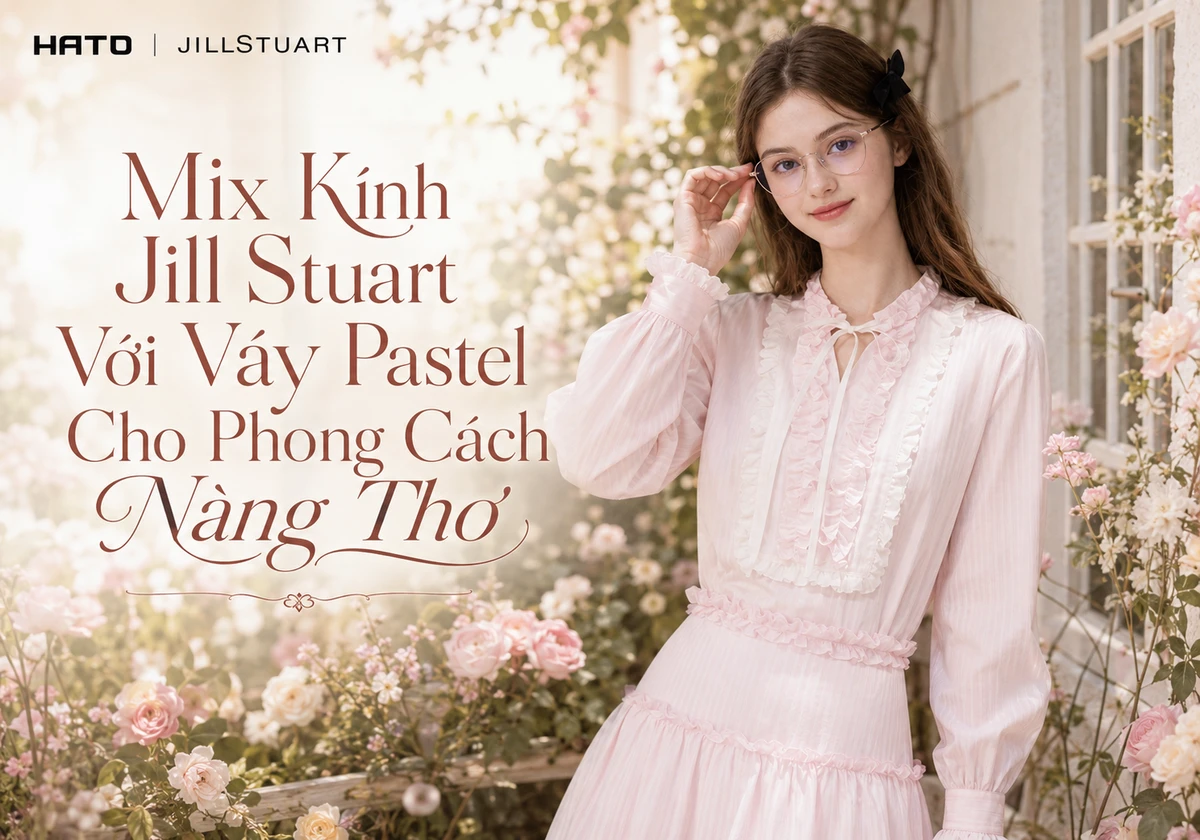 Người mẫu nữ mặc váy pastel đeo gọng kính Jill Stuart dáng oval thanh lịch trong khu vườn hoa lãng mạn tại Hato Eyewear