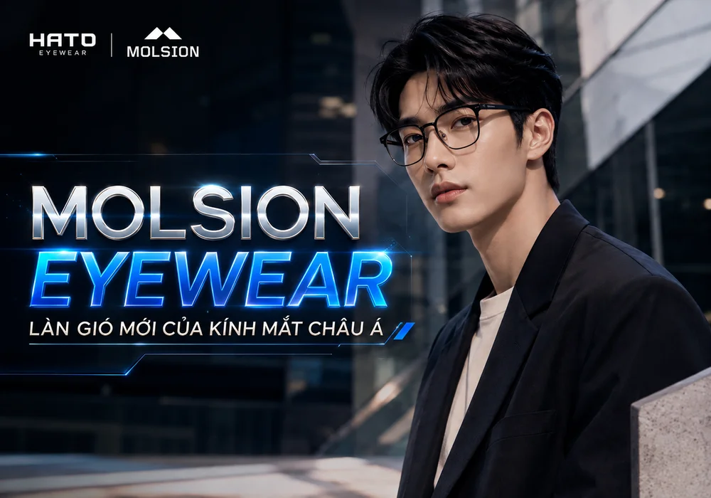 Người mẫu châu Á đeo kính Molsion trong chiến dịch thời trang hiện đại, thể hiện phong cách trẻ trung và sức hút mới của kính mắt Molsion tại châu Á.