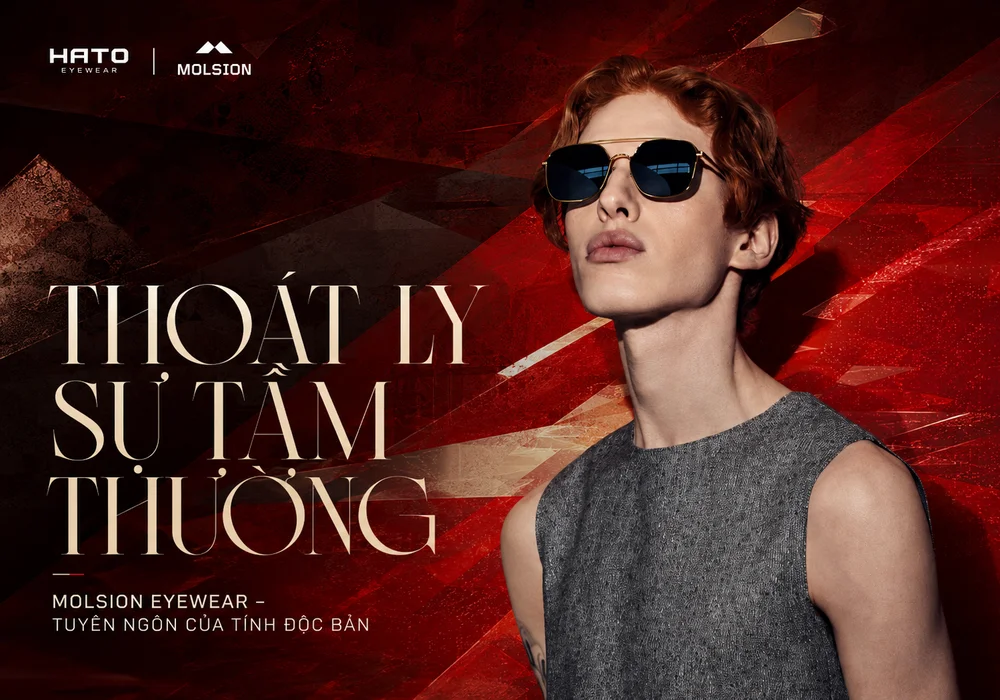 Người mẫu đeo kính Molsion Eyewear trong chiến dịch Thoát Ly Sự Tầm Thường, thể hiện phong cách độc bản và cá tính.
