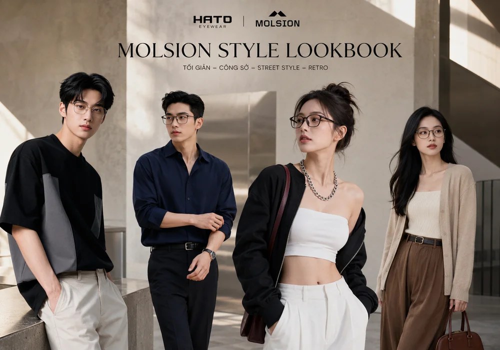 Lookbook phối đồ kính Molsion theo phong cách tối giản, công sở, street style và retro tại Hato Eyewear.
