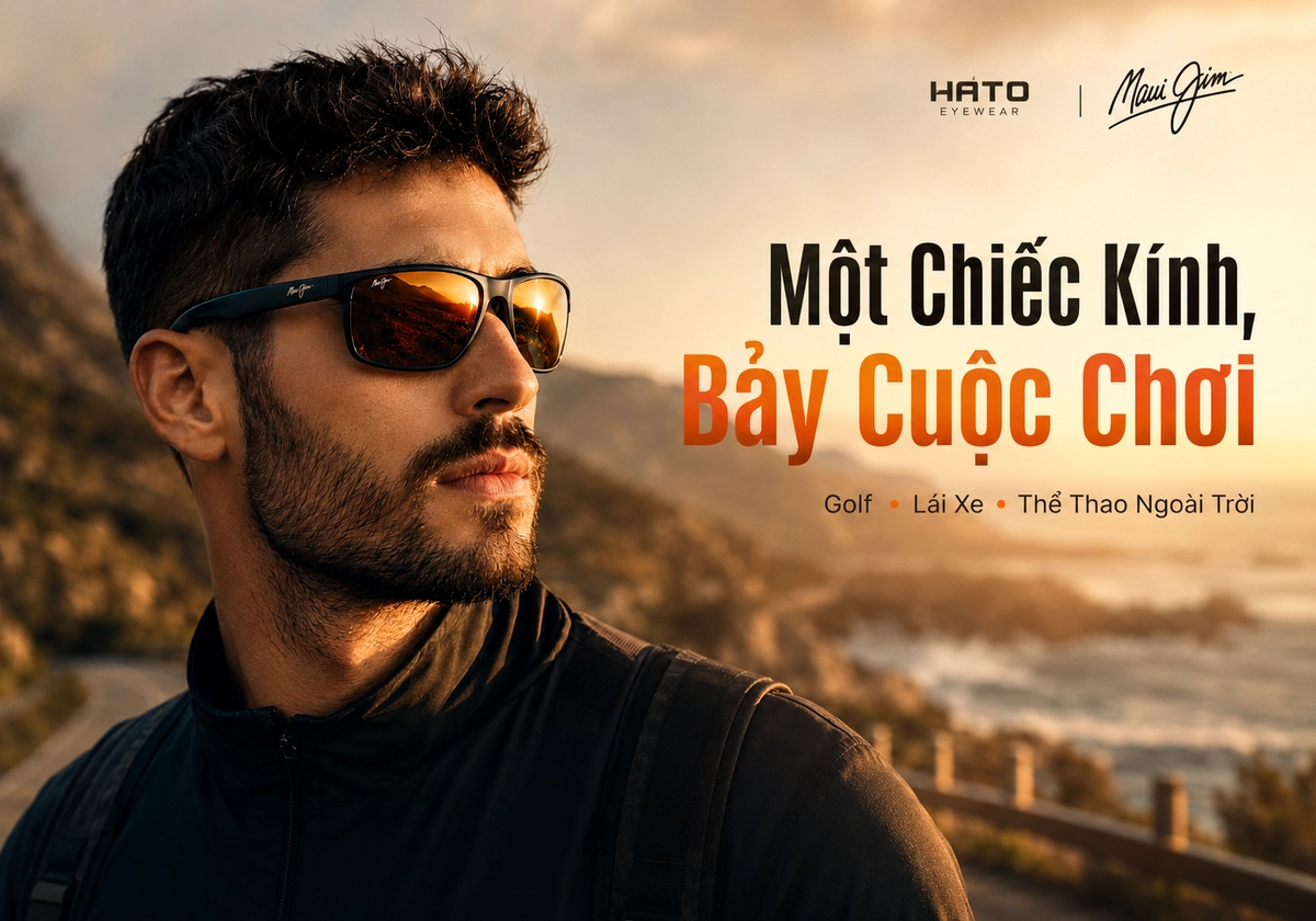 Người đàn ông đeo kính mát Maui Jim trong ánh nắng vàng, minh họa cách chọn kính cho golf, lái xe và thể thao ngoài trời.