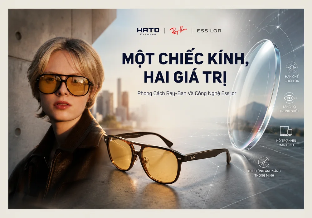 Người mẫu đeo kính Ray-Ban và công nghệ Essilor cao cấp, thể hiện sự kết hợp giữa phong cách biểu tượng và công nghệ thị giác hiện đại.