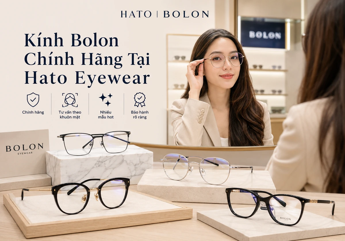 Quầy trưng bày kính Bolon chính hãng tại Hato Eyewear với nhiều mẫu gọng kính sang trọng và người mẫu đang thử kính trong showroom.