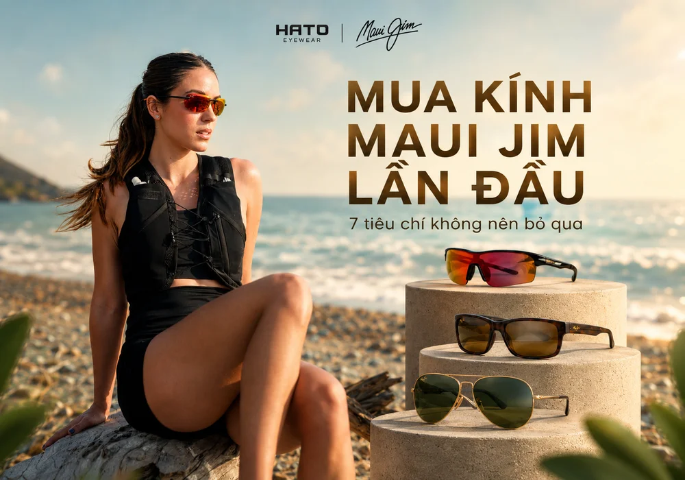 Người mẫu đeo kính Maui Jim bên bờ biển cùng ba kiểu kính thể thao, chữ nhật và aviator, minh họa 7 tiêu chí mua kính Maui Jim lần đầu.