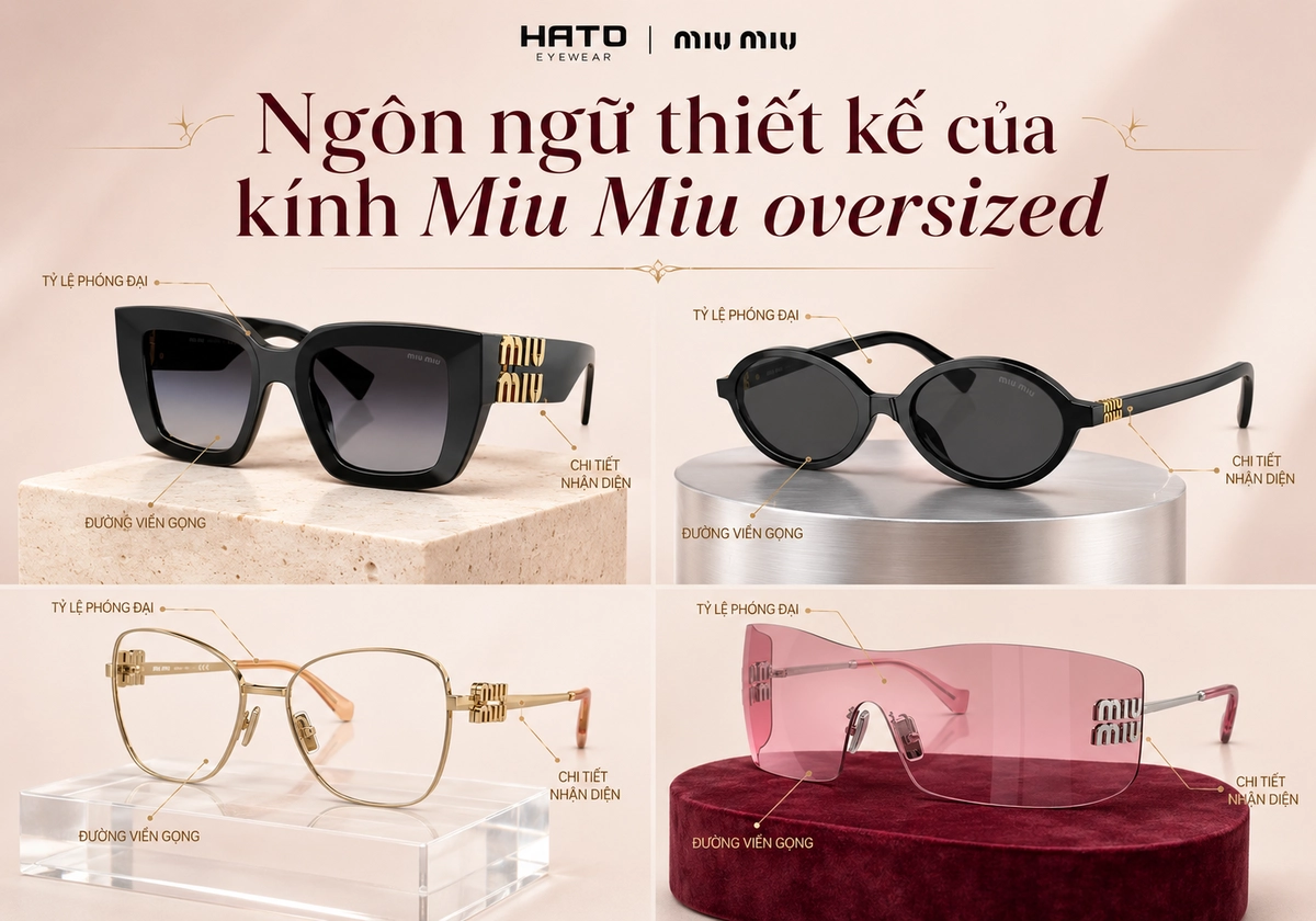 Infographic phân tích ngôn ngữ thiết kế của kính Miu Miu oversized qua bốn kiểu dáng nổi bật gồm kính vuông bản lớn, kính oval, gọng kim loại nữ tính và kính không gọng hiện đại.