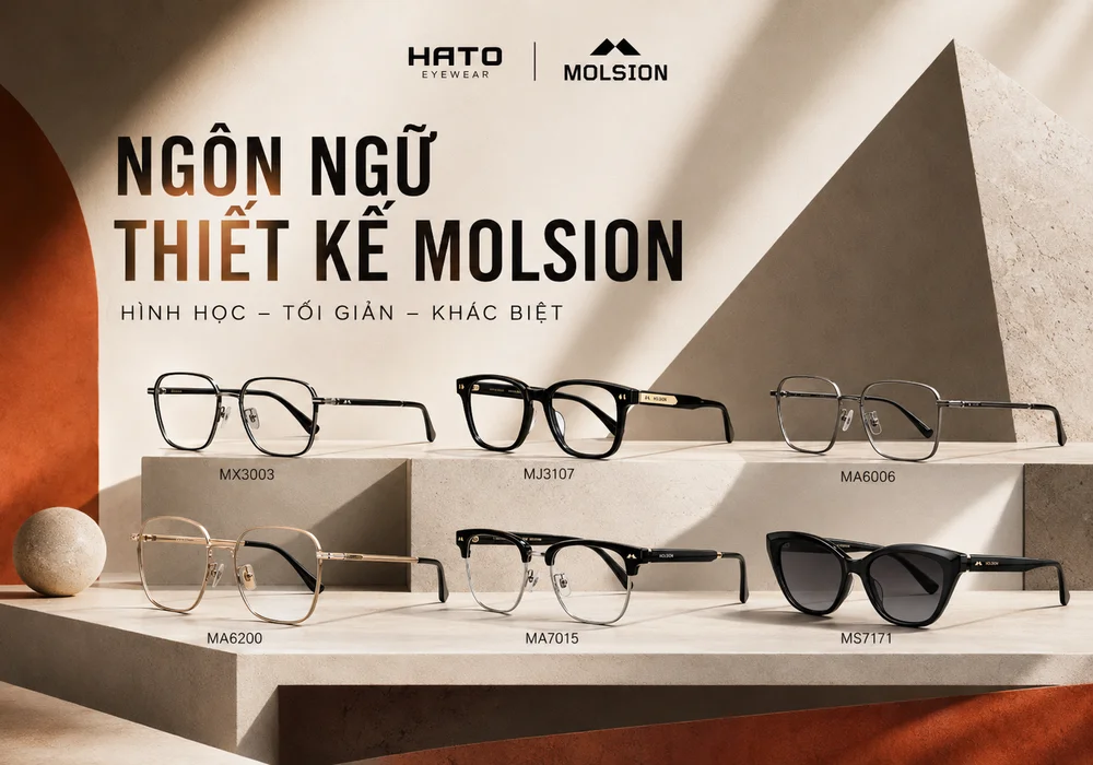 Ảnh sản phẩm kính Molsion với các mẫu MX3003, MJ3107, MA6006, MA6200, MA7015 và MS7171 trong bố cục hình học tối giản cao cấp