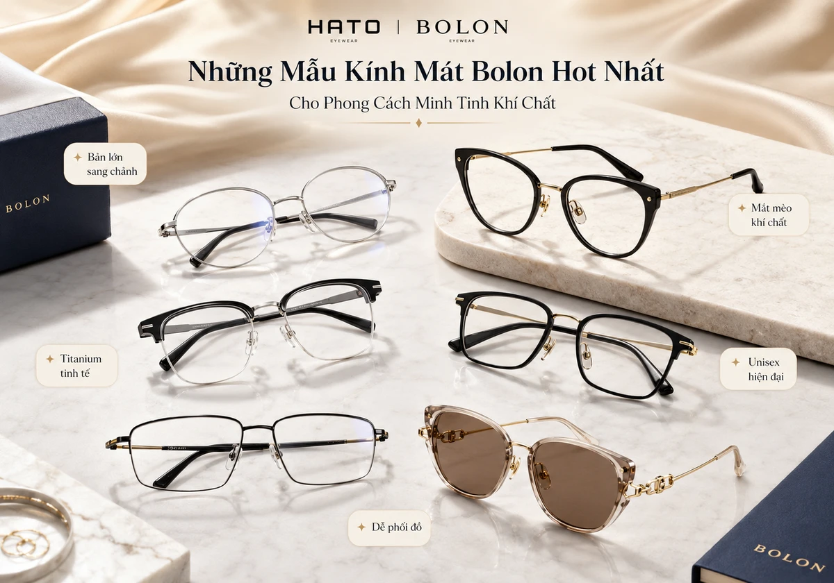 Ảnh blog giới thiệu các mẫu kính mát Bolon hot nhất tại Hato Eyewear với phong cách sang trọng, hiện đại và dễ phối theo xu hướng thời trang cao cấp.