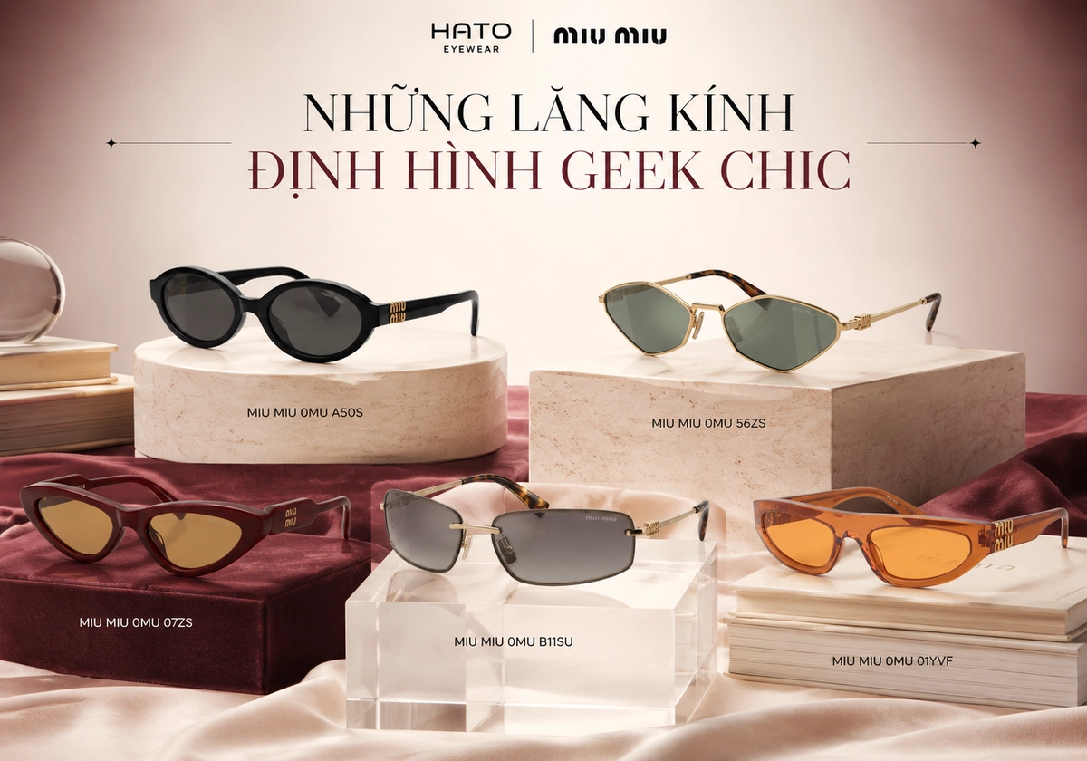Bộ sưu tập kính Miu Miu nổi bật định hình phong cách Y2K và Geek Chic, gồm kính oval, kính đa giác, kính mắt mèo và kính không gọng.