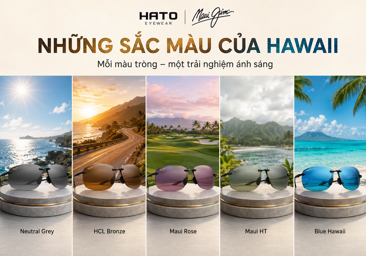Khám phá 5 màu tròng kính Maui Jim nổi bật gồm Neutral Grey, HCL Bronze, Maui Rose, Maui HT và Blue Hawaii, mang đến trải nghiệm ánh sáng phù hợp cho từng điều kiện sử dụng.