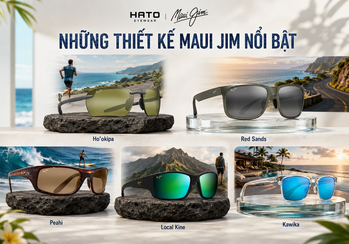 Những thiết kế kính mát Maui Jim nổi bật gồm Ho’okipa, Red Sands, Peahi, Local Kine và Kawika, được trưng bày trong không gian Hawaii cao cấp.