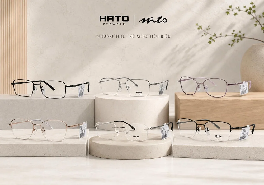 Bộ sưu tập 6 mẫu gọng kính MITO tiêu biểu được trưng bày theo phong cách tối giản Nhật Bản tại Hato Eyewear.