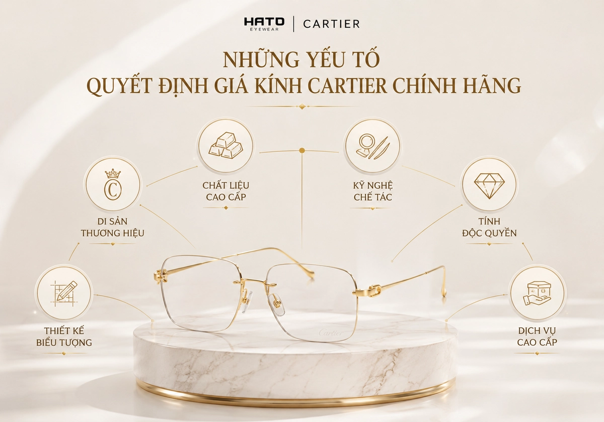 Infographic những yếu tố quyết định giá kính Cartier chính hãng với thiết kế sang trọng, làm nổi bật chất liệu cao cấp, kỹ nghệ chế tác và giá trị thương hiệu.