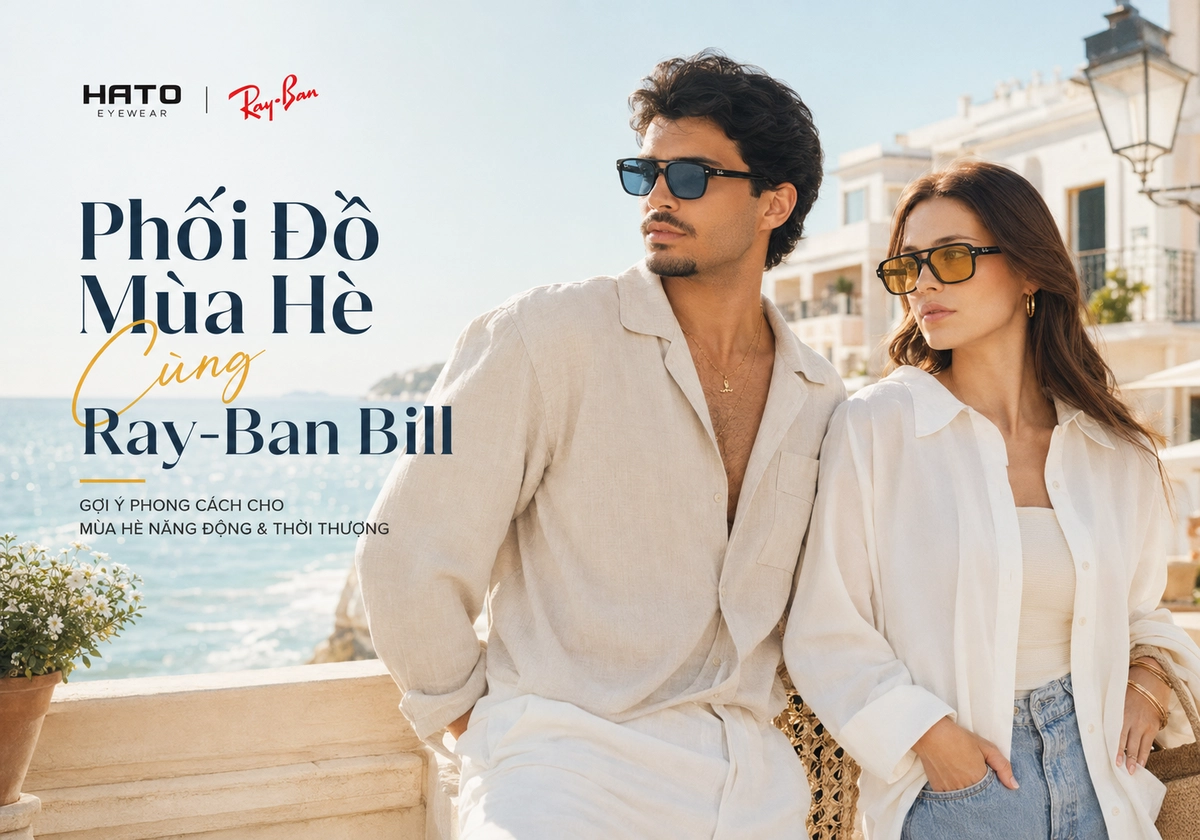 Ảnh lifestyle blog giới thiệu cách phối đồ mùa hè cùng Ray-Ban Bill Summer Capsule, nổi bật với gọng kính flat-top màu đen, tròng xanh dương và vàng thời trang, phù hợp phong cách resort casual trẻ trung, hiện đại và sang trọng.
