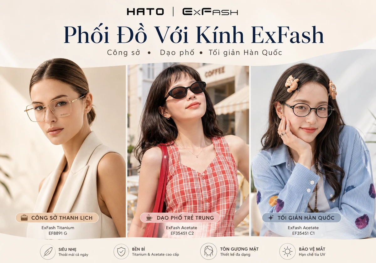 Ảnh lifestyle fashion blog phối đồ với kính ExFash cho mùa hè, gồm 3 phong cách công sở thanh lịch, dạo phố trẻ trung và tối giản Hàn Quốc tại Hato Eyewear.