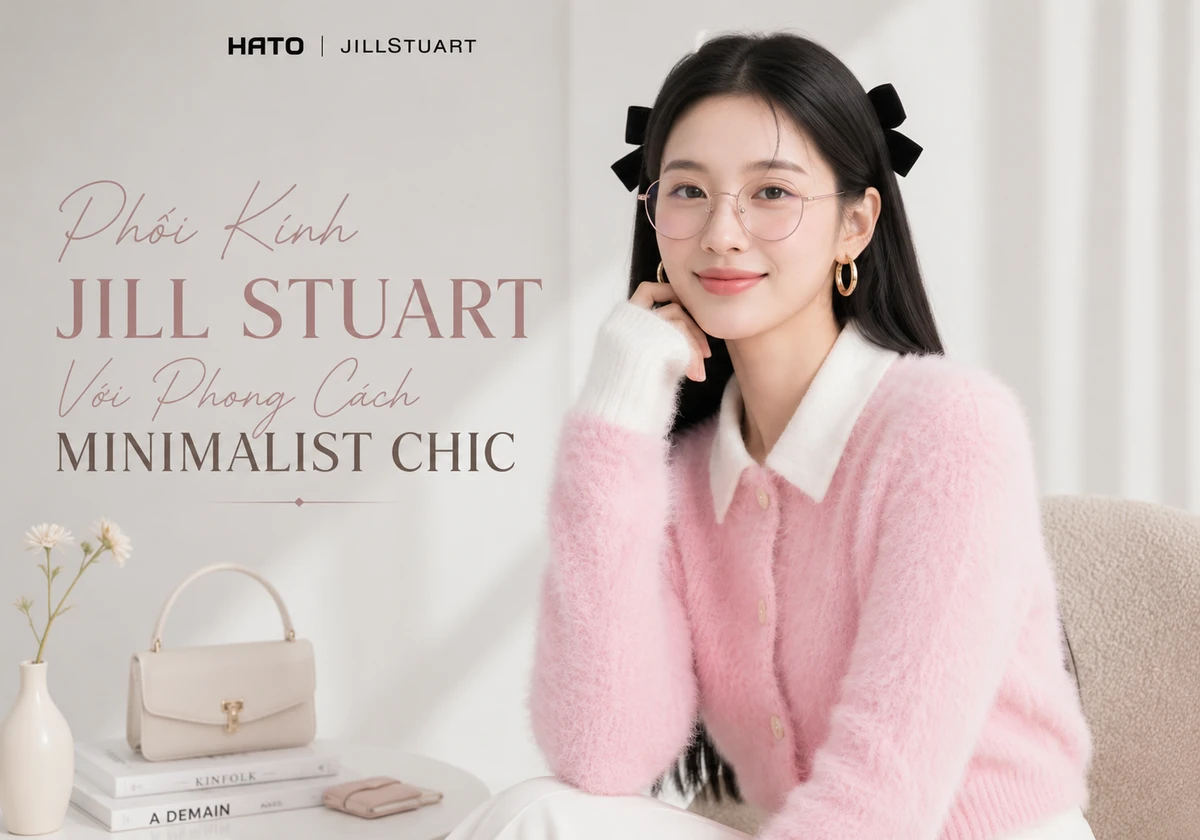 Người mẫu nữ đeo gọng kính Jill Stuart dáng oval thanh mảnh trong studio tối giản, phối outfit hồng pastel theo phong cách Minimalist Chic hiện đại và nữ tính.