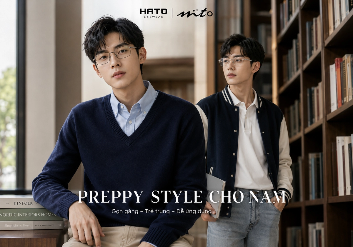 Hai người mẫu nam đeo kính Mito phối đồ theo phong cách nam sinh hiện đại trong thư viện đại học.