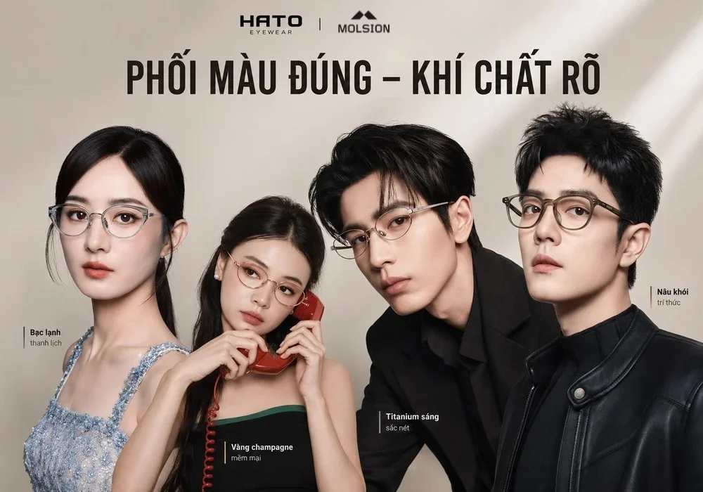 Bốn người mẫu phối gọng kính Molsion màu bạc lạnh, vàng champagne, titanium sáng và nâu khói tại Hato Eyewear.