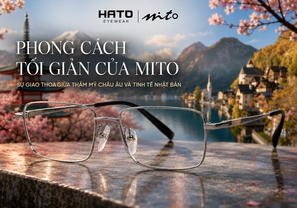 Gọng kính MITO titanium thanh mảnh nổi bật trên khung cảnh giao thoa giữa kiến trúc châu Âu và vẻ đẹp Nhật Bản, thể hiện phong cách tối giản, hiện đại và tinh tế.