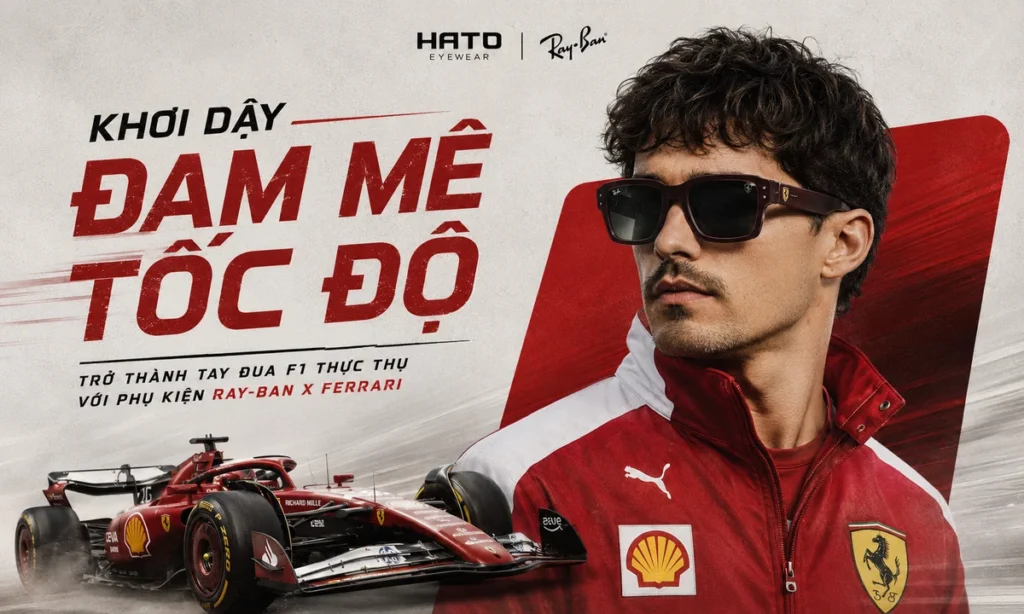 Ảnh đại diện blog Ray-Ban x Ferrari với người mẫu nam đeo kính Ray-Ban Ferrari, xe đua F1 và phong cách tốc độ thể thao cao cấp.