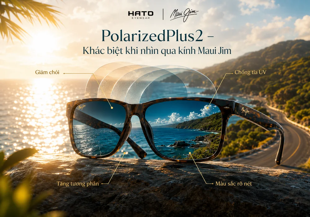 Infographic công nghệ tròng kính PolarizedPlus2 của Maui Jim giúp giảm chói, chống tia UV, tăng tương phản và hiển thị màu sắc rõ nét.