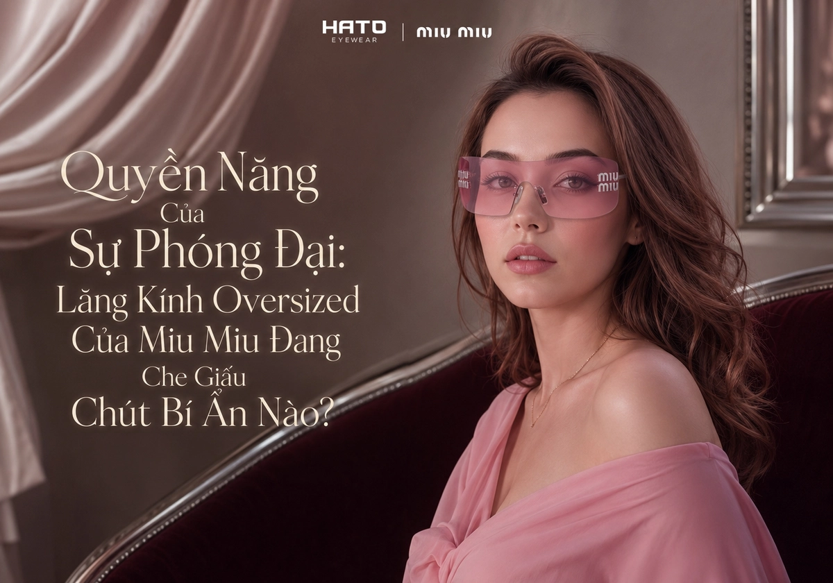 Người mẫu nữ đeo kính Miu Miu oversized màu hồng trong không gian thời trang cao cấp, thể hiện vẻ đẹp bí ẩn, nữ tính và quyền lực.