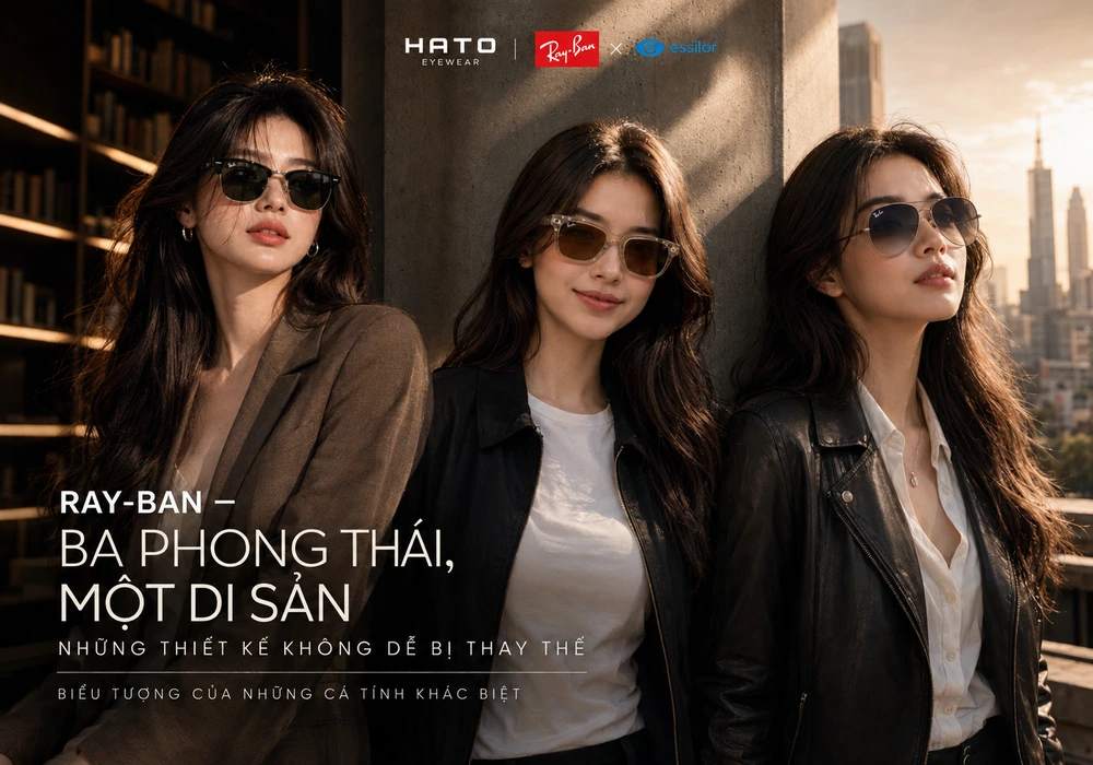 Ba phong cách Ray-Ban X Essilor Clubmaster, Wayfarer và Aviator trên người mẫu nữ châu Á trong bộ ảnh thời trang cao cấp của Hato Eyewear.