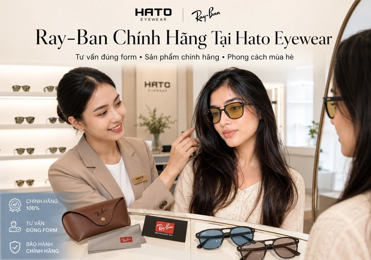 Khách hàng thử kính Ray-Ban Bill Summer Capsule chính hãng tại showroom Hato Eyewear với sự tư vấn chuyên nghiệp.