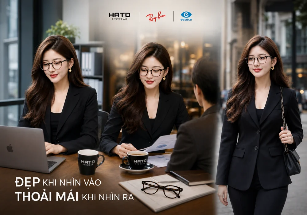 Người mẫu châu Á đeo kính Ray-Ban lắp tròng Essilor trong suốt khi làm việc, gặp gỡ khách hàng và di chuyển ngoài trời.