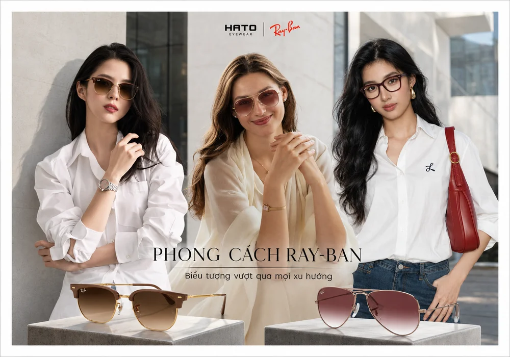 Ba phong cách Ray-Ban Clubmaster, Aviator và Wayfarer trong không gian thời trang thành thị cao cấp tại Hato Eyewear.