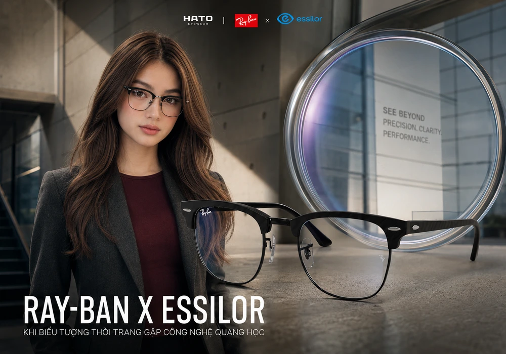 Ảnh đại diện blog Ray-Ban x Essilor với người mẫu đeo gọng kính Ray-Ban và tròng kính Essilor trong không gian thời trang hiện đại, sang trọng.