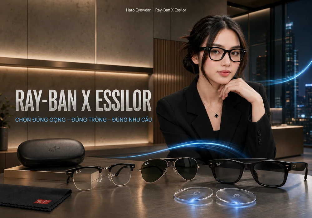 Người mẫu đeo gọng Ray-Ban bên cạnh các mẫu Clubmaster, Aviator và tròng kính Essilor tại Hato Eyewear.