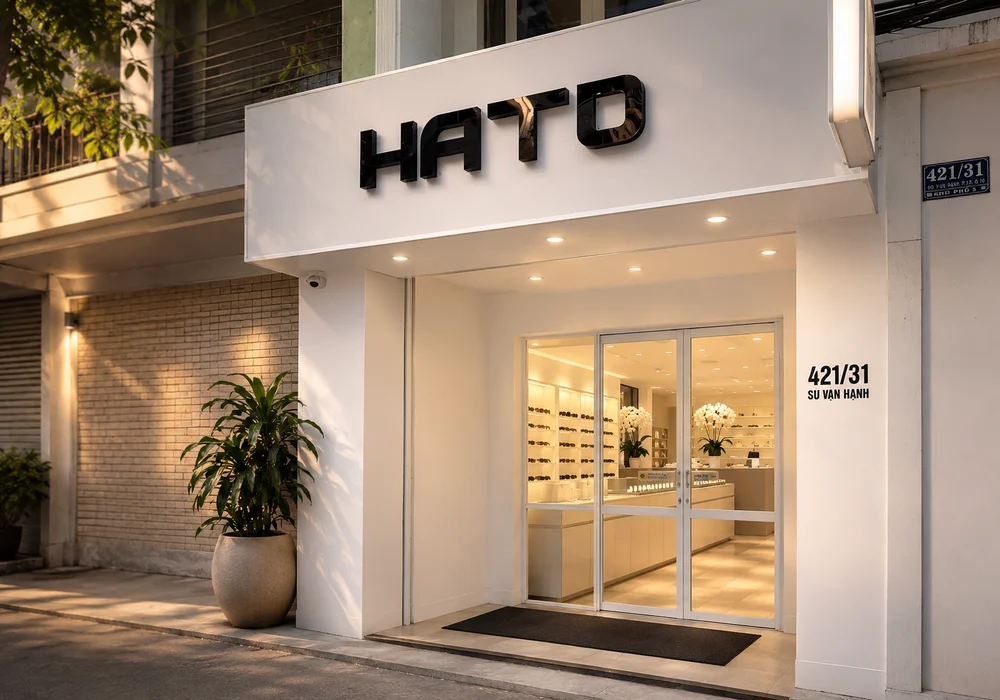 Showroom Hato Eyewear tại 421/31 Sư Vạn Hạnh, Quận 10 với không gian kính mắt hiện đại và sang trọng.