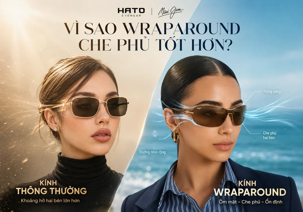 So sánh kính thông thường và kính wraparound Maui Jim về độ cong tròng, khả năng che phủ hai bên, trường nhìn và độ ổn định khi vận động.