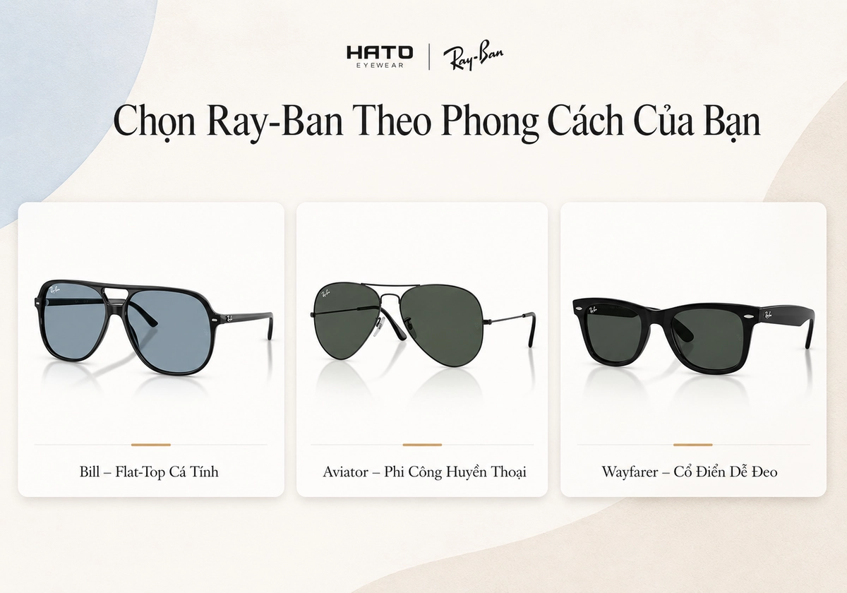So sánh Ray-Ban Bill, Aviator và Wayfarer theo phong cách thiết kế, kiểu dáng và khả năng phối đồ tại Hato Eyewear.