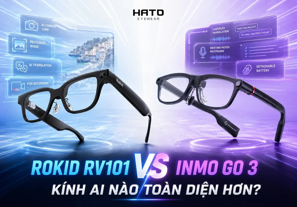Khám phá sự khác biệt giữa Rokid RV101 và INMO GO 3 qua ảnh đại diện trực quan, hiện đại, làm nổi bật thiết kế và các tính năng AI quan trọng của hai mẫu kính thông minh.