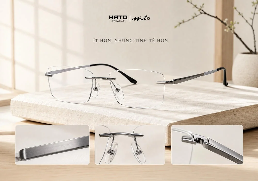 Gọng kính MITO titanium không viền trong không gian tối giản Nhật Bản với ba chi tiết cận cảnh về chất liệu, cầu kính và bản lề.