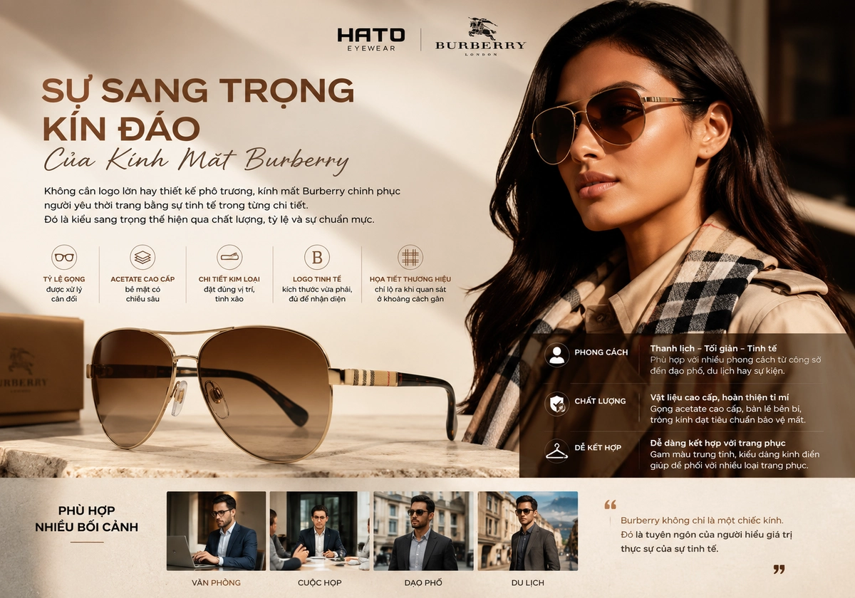 Kính mắt Burberry dáng aviator màu nâu thể hiện phong cách sang trọng kín đáo tại Hato Eyewear