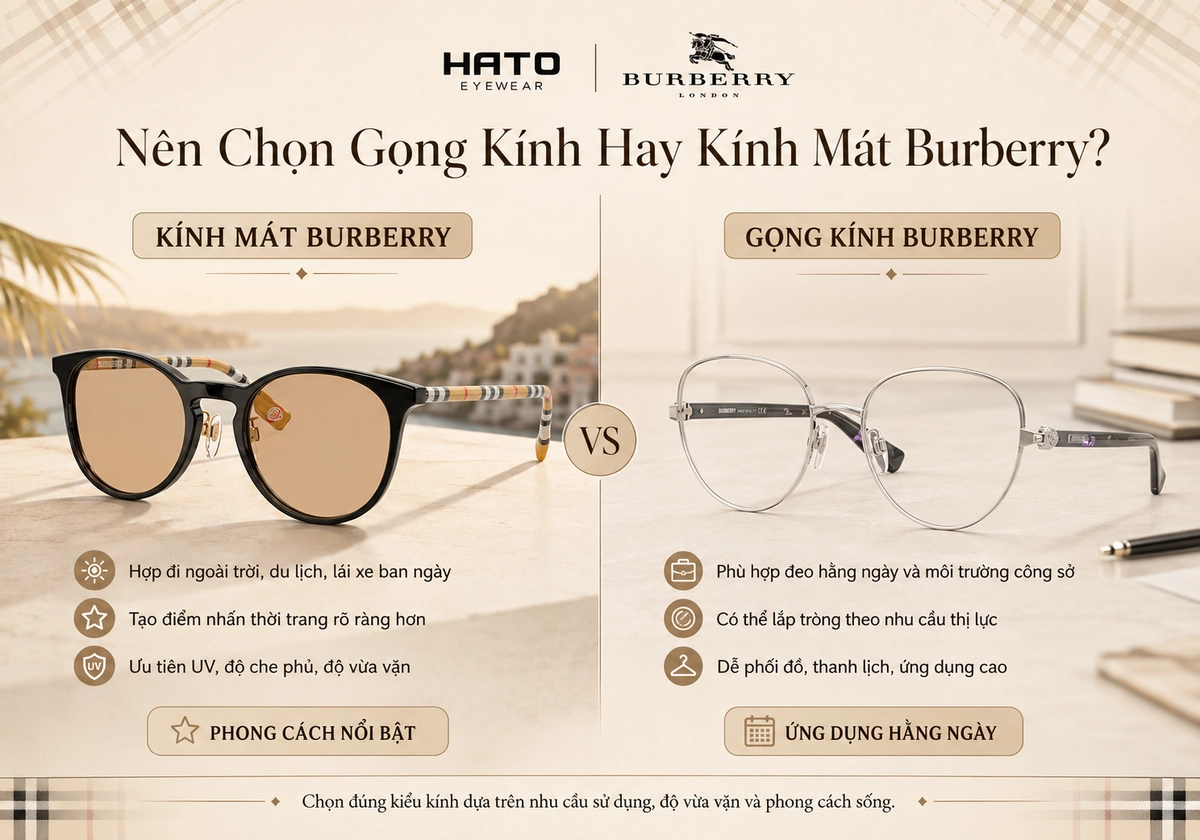 Ảnh so sánh gọng kính Burberry và kính mát Burberry, giúp người dùng chọn kiểu kính phù hợp theo nhu cầu đeo hằng ngày, công sở, du lịch và phong cách thời trang.