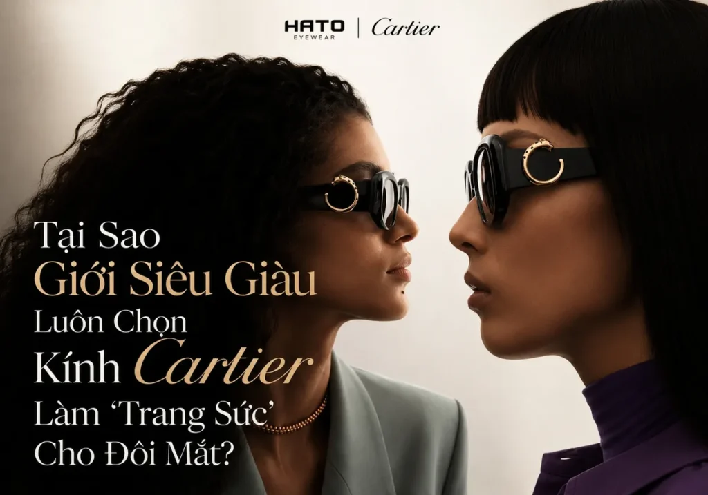 Ảnh đại diện chủ đề kính Cartier với hai người mẫu đeo kính đen cao cấp, thể hiện vẻ sang trọng và tinh thần xa xỉ đặc trưng của Cartier.