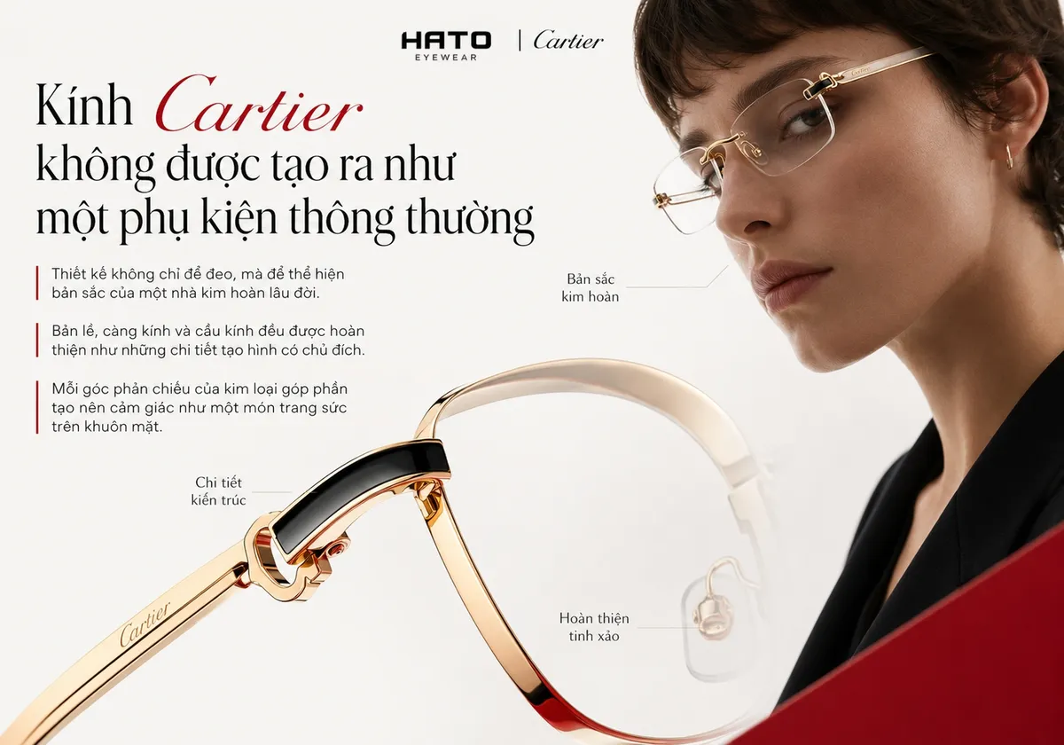 Kính Cartier gọng vàng với bản lề tinh xảo, thể hiện thiết kế kim hoàn cao cấp và phong cách sang trọng.