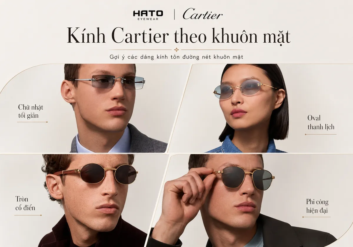 Ảnh minh họa kính Cartier theo khuôn mặt, giới thiệu 4 dáng kính nổi bật gồm chữ nhật tối giản, oval thanh lịch, tròn cổ điển và phi công hiện đại. Thiết kế ảnh mang phong cách cao cấp, sang trọng, giúp người xem dễ hình dung cách chọn kính Cartier phù hợp với đường nét khuôn mặt.
