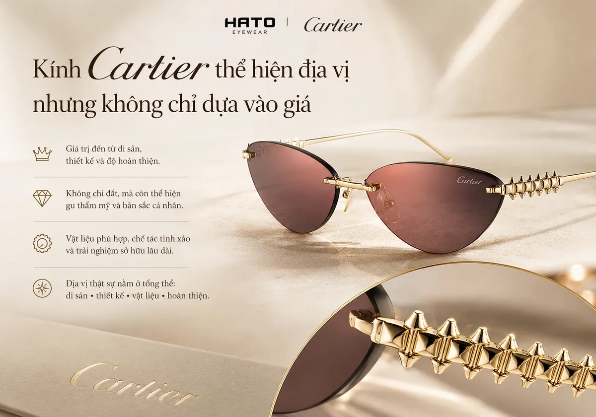 Kính Cartier chính hãng gọng vàng với thiết kế tinh xảo, thể hiện địa vị qua di sản, vật liệu và độ hoàn thiện cao cấp.