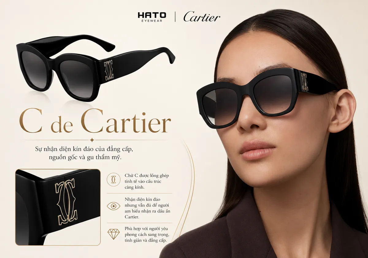 Kính C de Cartier màu đen với chi tiết chữ C kim loại trên càng kính, thể hiện phong cách sang trọng, tinh giản và đẳng cấp.