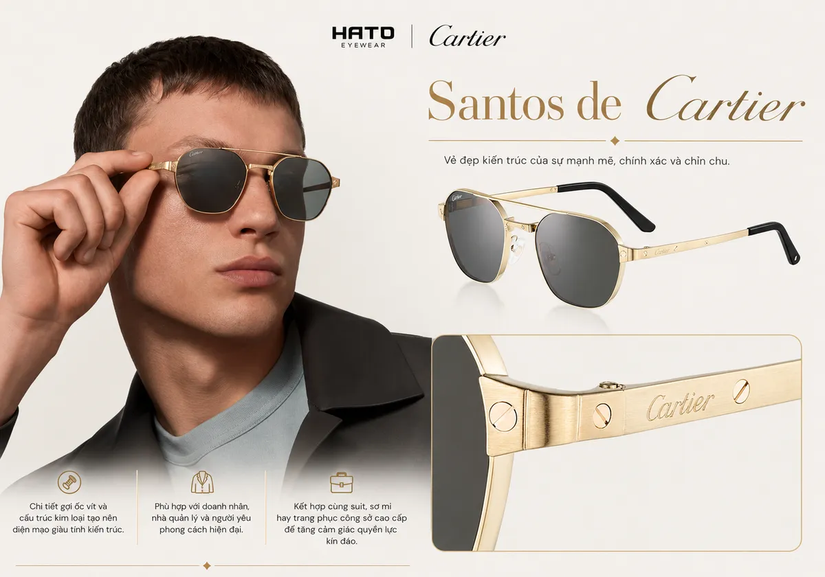 Kính Santos de Cartier với thiết kế kim loại vàng, chi tiết ốc vít đặc trưng và phong cách kiến trúc mạnh mẽ, sang trọng.