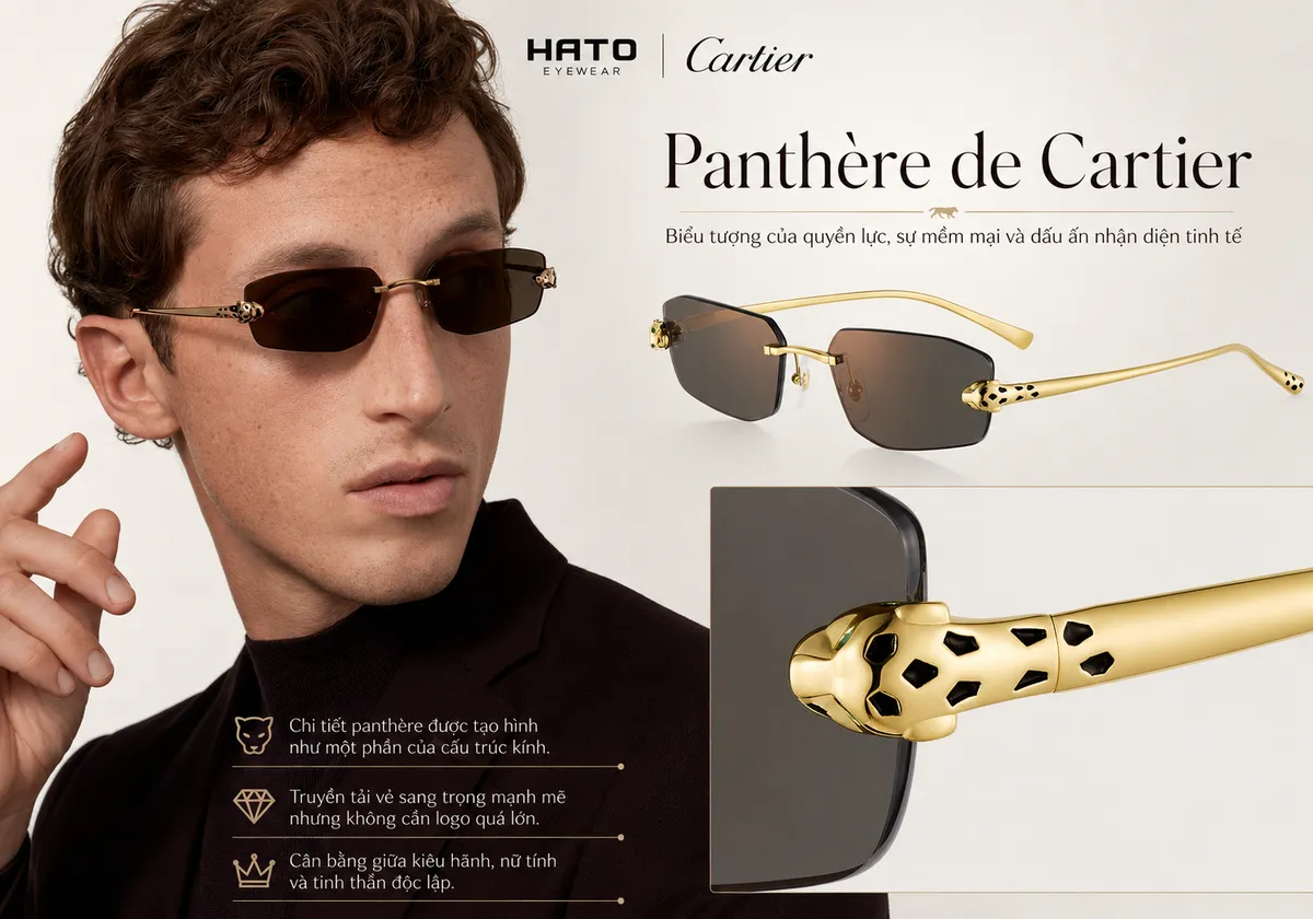 Kính Panthère de Cartier với chi tiết đầu báo đốm bằng kim loại vàng, thể hiện vẻ sang trọng, quyền lực và tinh thần độc lập.