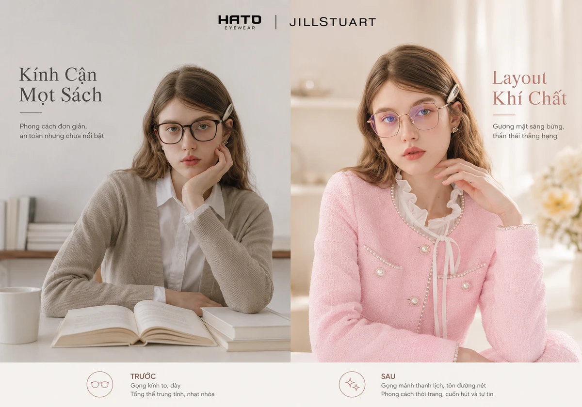 So sánh trước và sau khi thay đổi phong cách với gọng kính Jill Stuart thanh mảnh tại Hato Eyewear