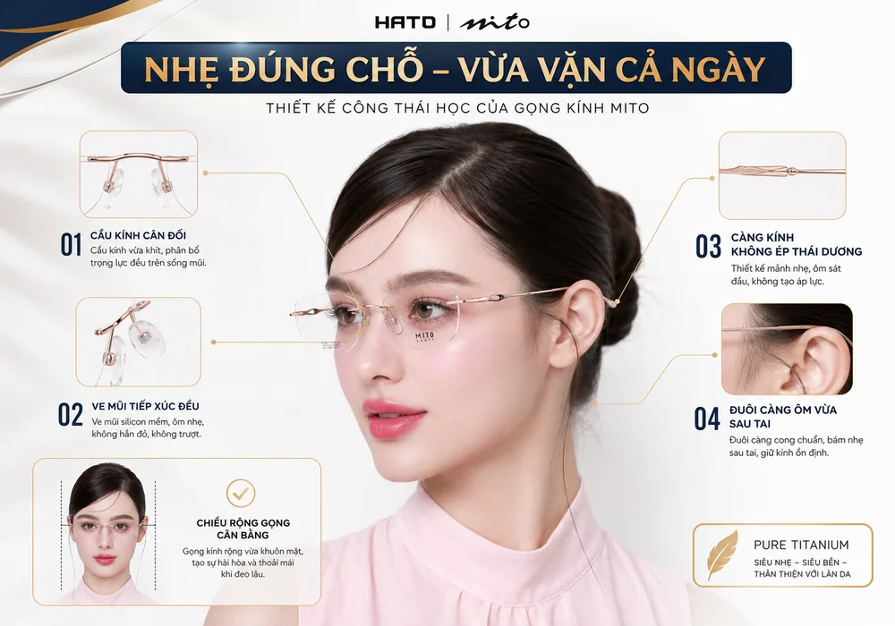 Thiết kế công thái học của gọng kính MITO titanium với cầu kính cân đối, ve mũi tiếp xúc đều và càng kính ôm vừa khuôn mặt.